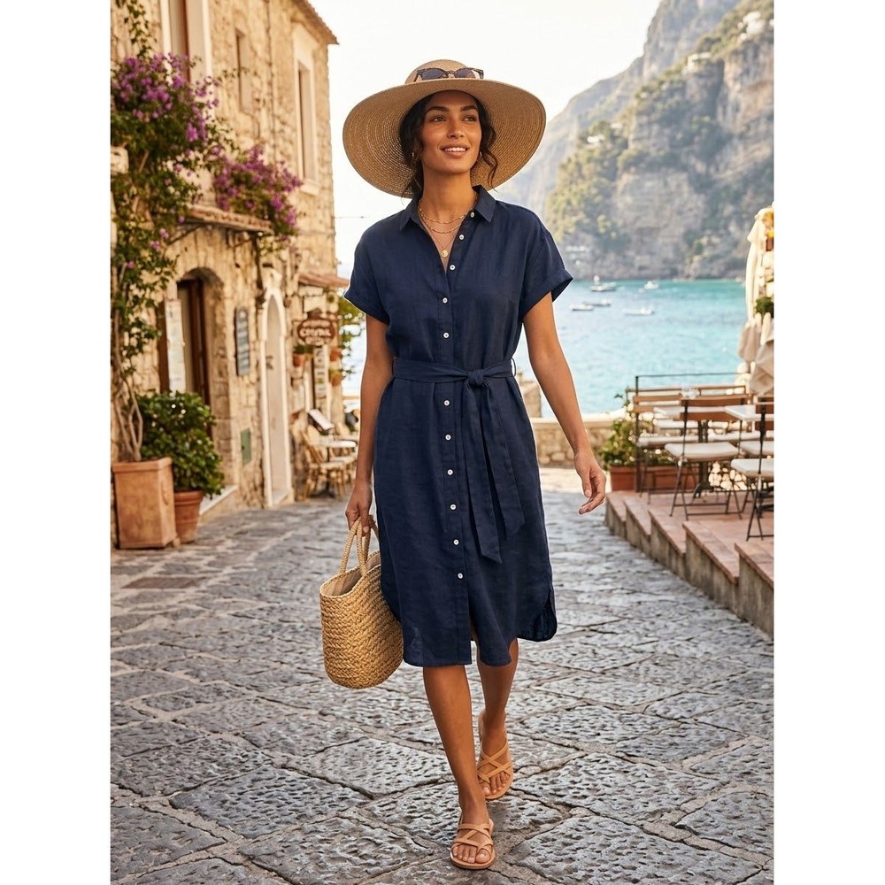 J.Crew Capitaine Classic Coastal Navy Blue 100% Linen Belted Shirt Dress Size S